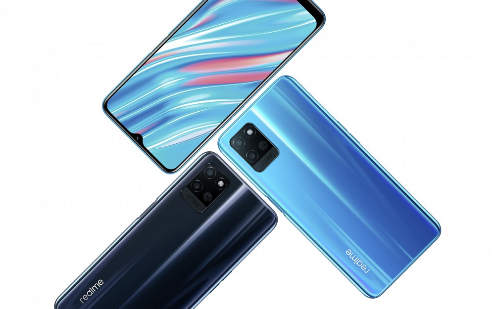  Three Realme 11 Pro 5G smartphones with curved AMOLED displays in black, blue and white colors.